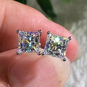 ❤2 Pairs Set 18k White Gold Princess Cu t& Round Cut 8MM Diamond Studs Earring